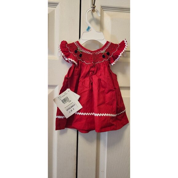 New Baby Girl Hartstrings Smocked Ric Rac Red Cherry Floral Top Pants Set 6/9 M - Picture 6 of 7